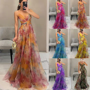 Amazon Independent Site Popular Dress Mesh Printed Suspender Dress Ins Holiday Party Dress Summer