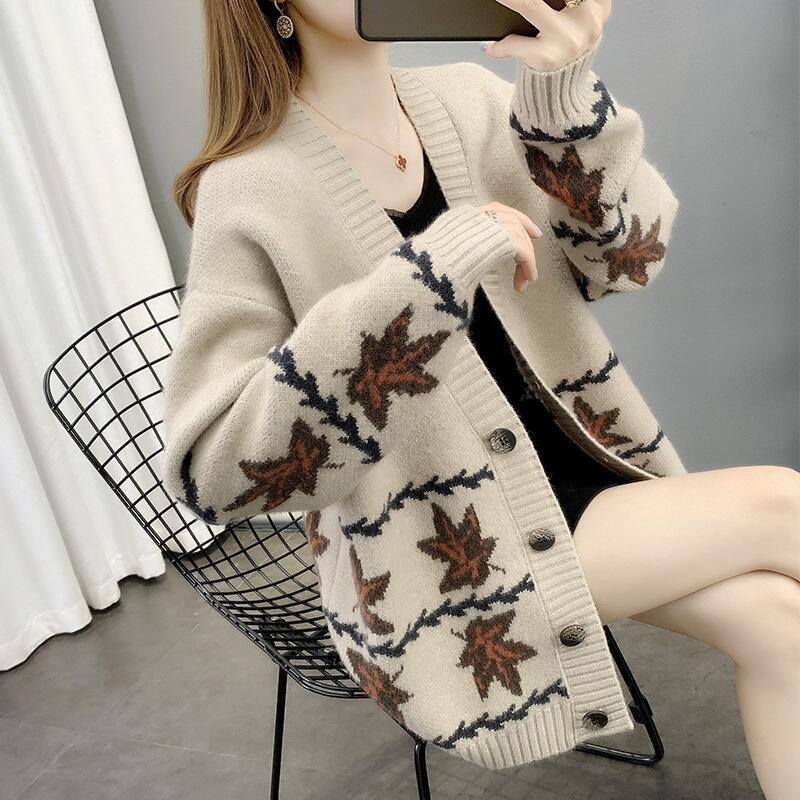 Cozy Maple Leaf Jacquard Oversized Cardigan Sweater