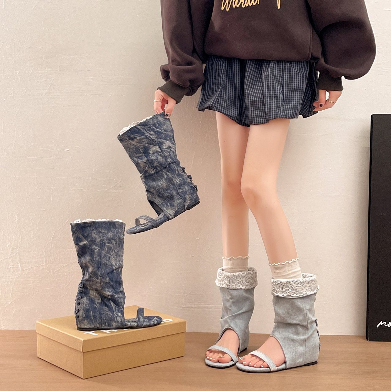 Vintage Denim Slouch Booties with Hidden Wedge Heel