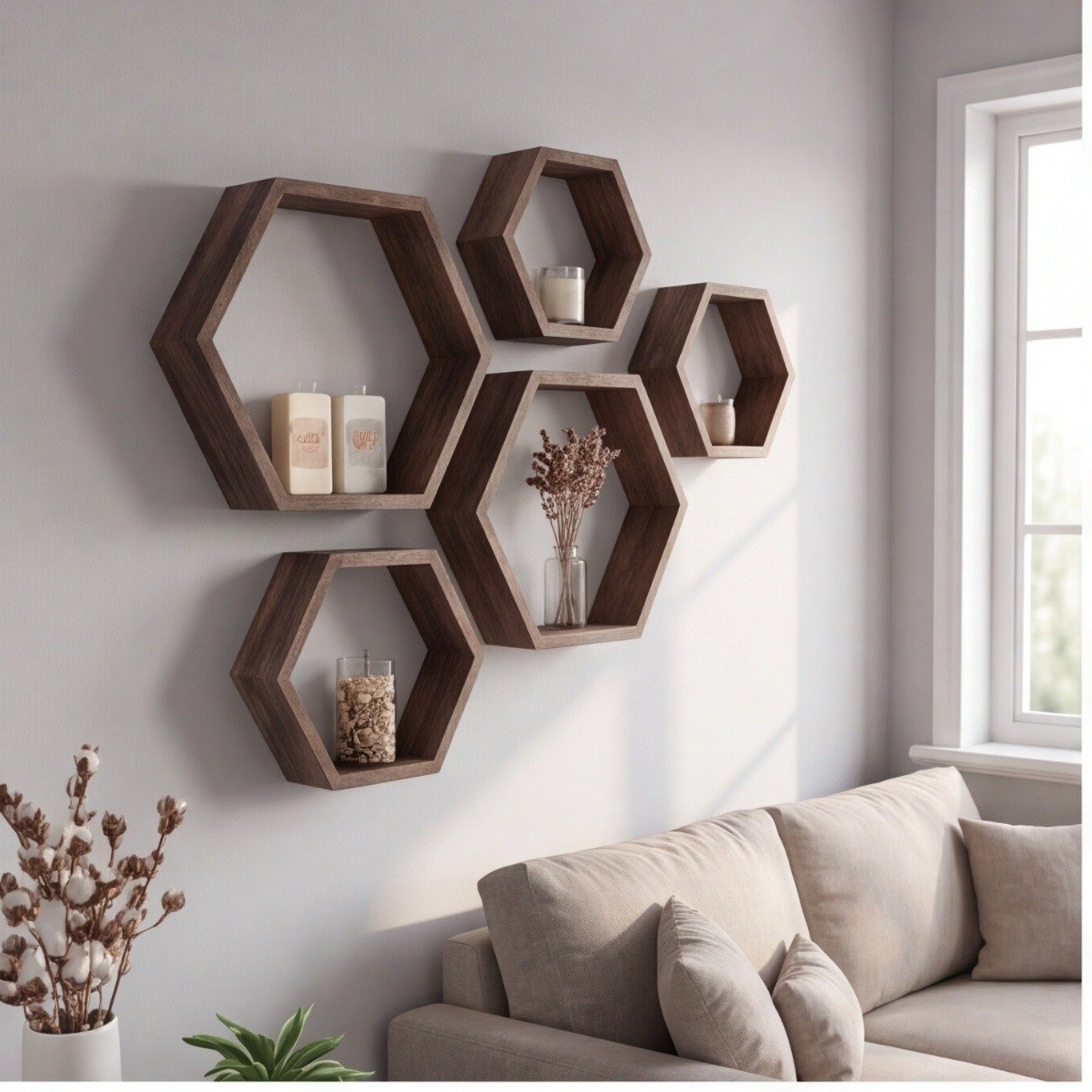 5-Piece Walnut Hexagon Floating Shelf Set for Living Room Organization