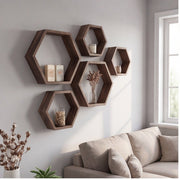 5-Piece Walnut Hexagon Floating Shelf Set for Living Room Organization