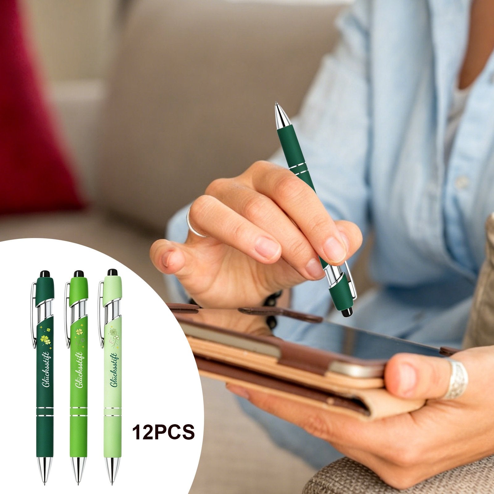 12-Piece Lucky Clover Pen Set, 3 Green Shades