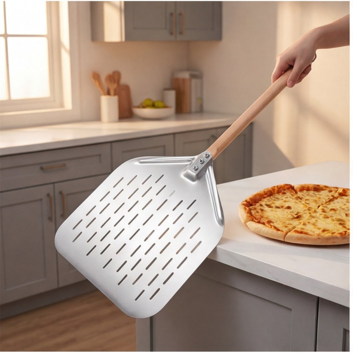 Pizza Serving Peel with Wooden Handle and Perforations