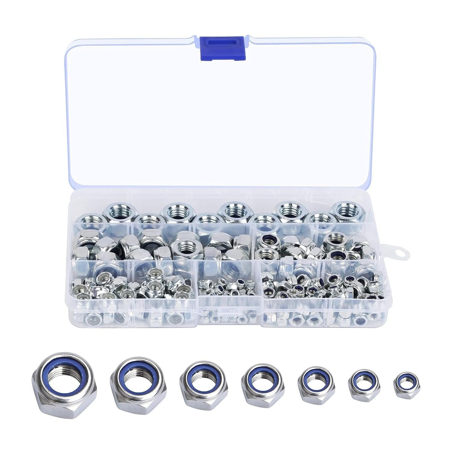 Assorted Lock Nuts Set - 202 Pieces, 7 Sizes, Stainless Steel