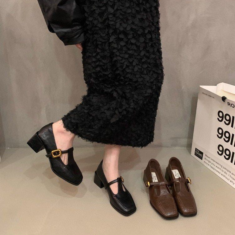 Vintage Square Toe Mary Jane Pumps with Block Heel