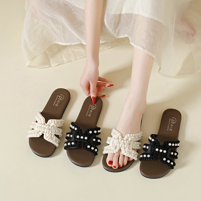 Elegant Pearl Strap Slide Sandals for Women