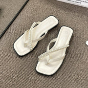 French Pearl Flip Flops, Thin Strap Street Style Flat Shoes
