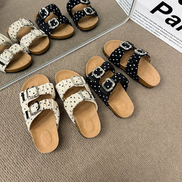 Retro Polka Dot Cork Slides, Adjustable Strap & Soft Insole