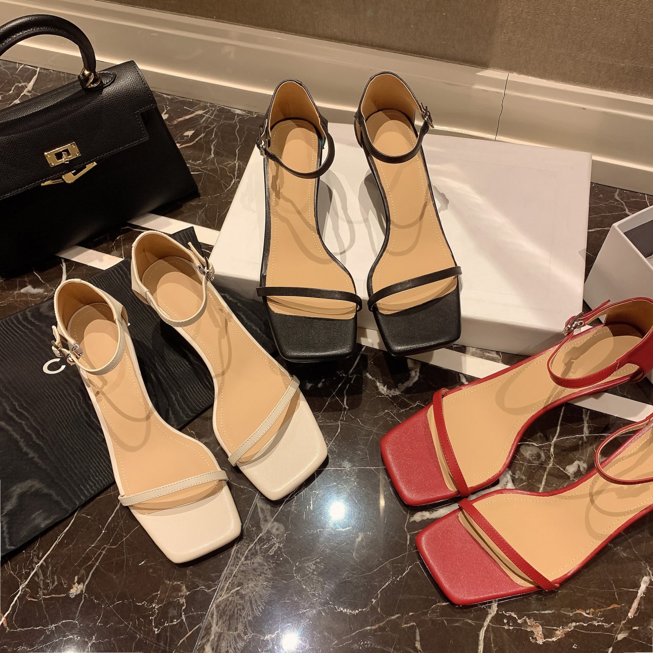 Square Toe Thin Strap Block Heel Sandals for Women