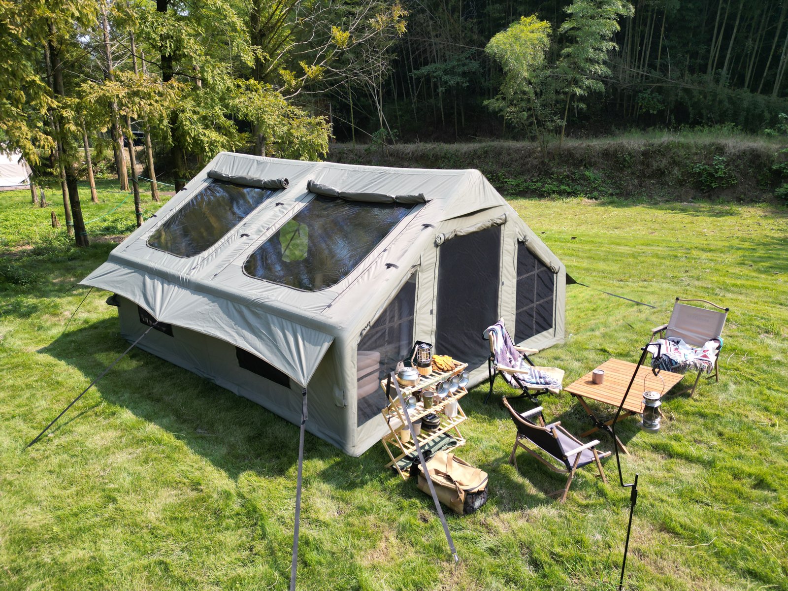 Army Green Inflatable Camping Tent, 4 Seasons Waterproof & Windproof, Easy Setup, Oxford Cabin Tent with Mesh & Chimney Window
