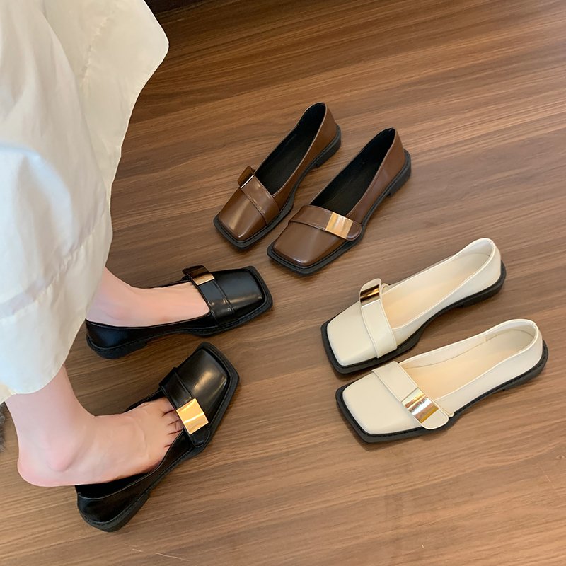 Women's Gold Square Toe Flat Loafers - Slip On Office Wear