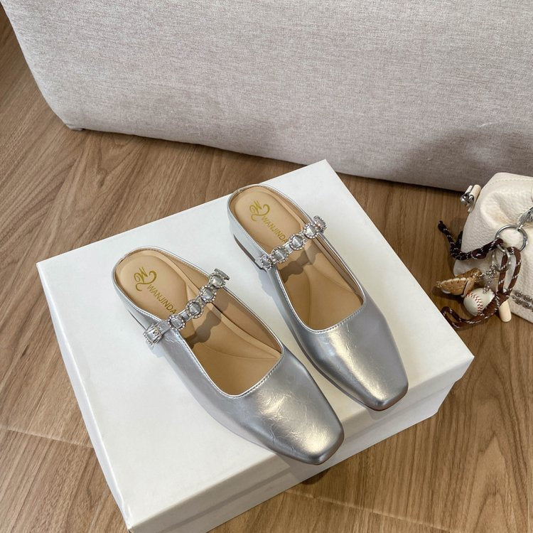 French Silver Mary Jane Mule Slippers for Women