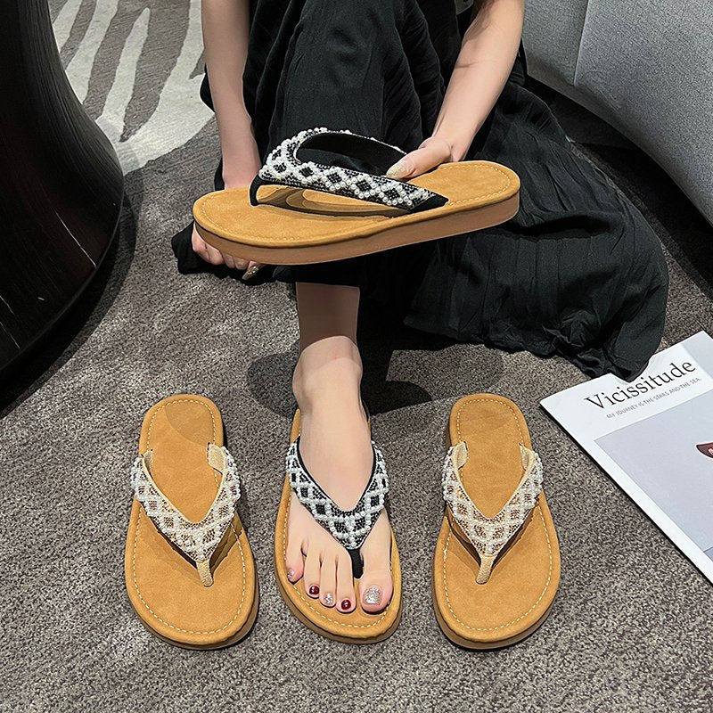 Summer Boho Wedge Sandals with Pearl Beads