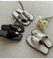 Minimalist Summer Sandals for Women, Flat Thong Slides with Metal Buckle