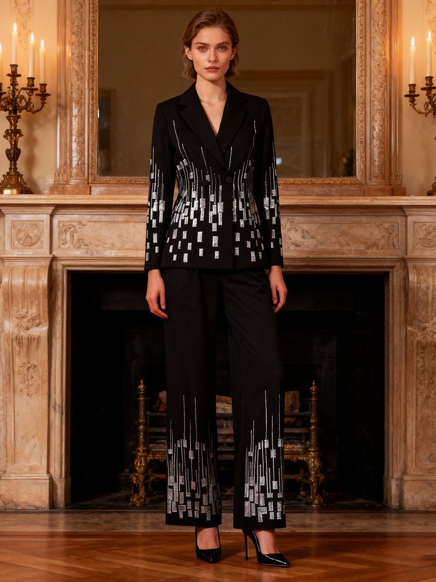 White Geometric Sequin Formal Suit Set
