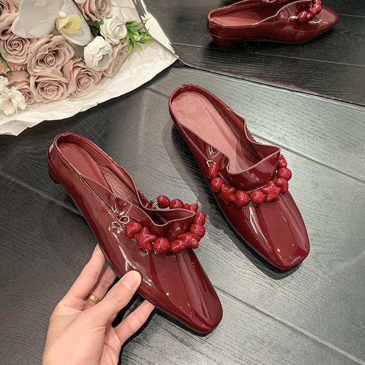 Burgundy Patent Leather Flat Mules with Star Bead Chain