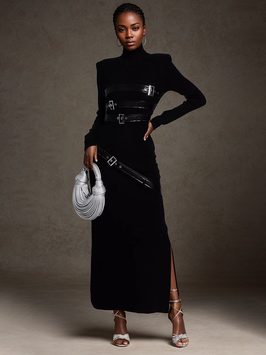 Edgy Modern Midi Dress with Harness Detail
