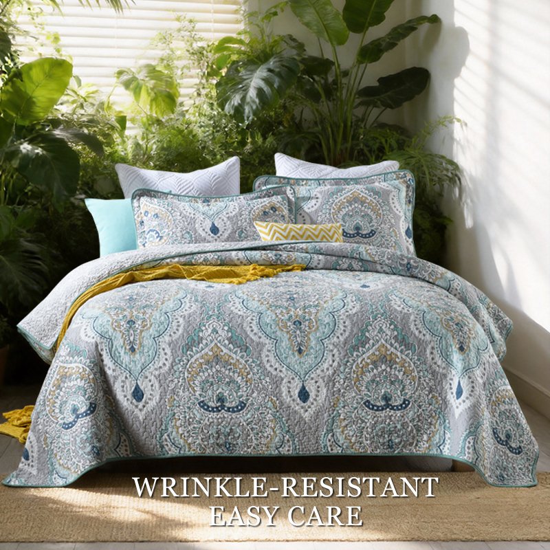 Luxury Bohemian Moroccan Paisley Print Bedspread Set 3-Piece