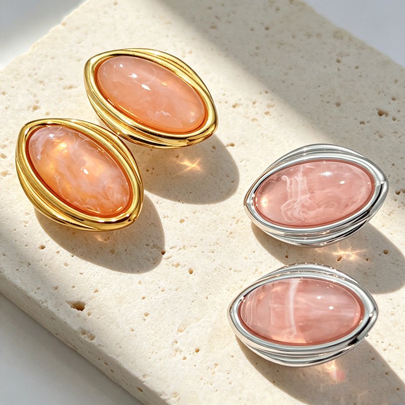 Retro Luxury Titanium Steel Earrings, Muted Brown Cat Eye Stone Studs
