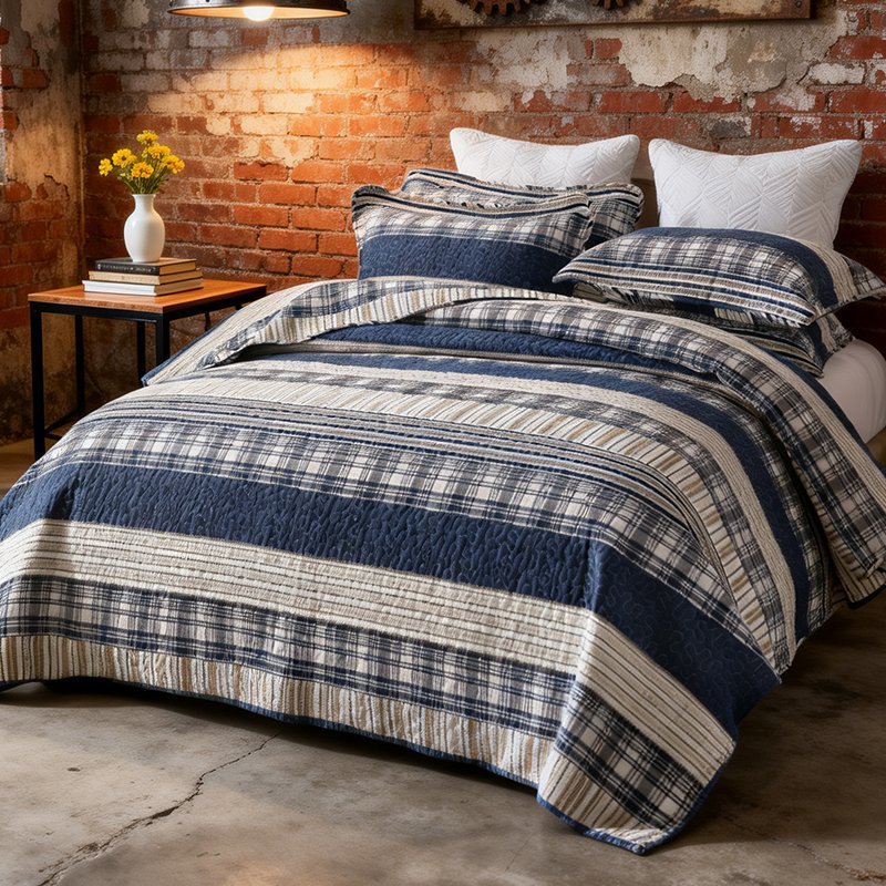 Nautical Stripe 3-Piece Bedspread Set - Navy Blue & Beige, All Season