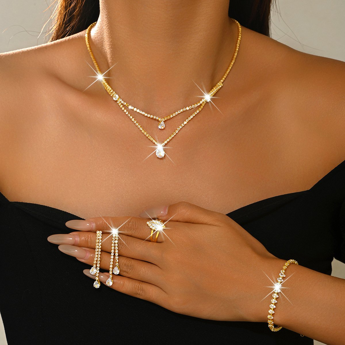 Double Layer Water Drop Pendant Necklace Set