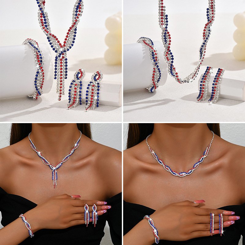 Rhinestone Tassel Jewelry Set - 3-in-1 Necklace Earrings Bracelet