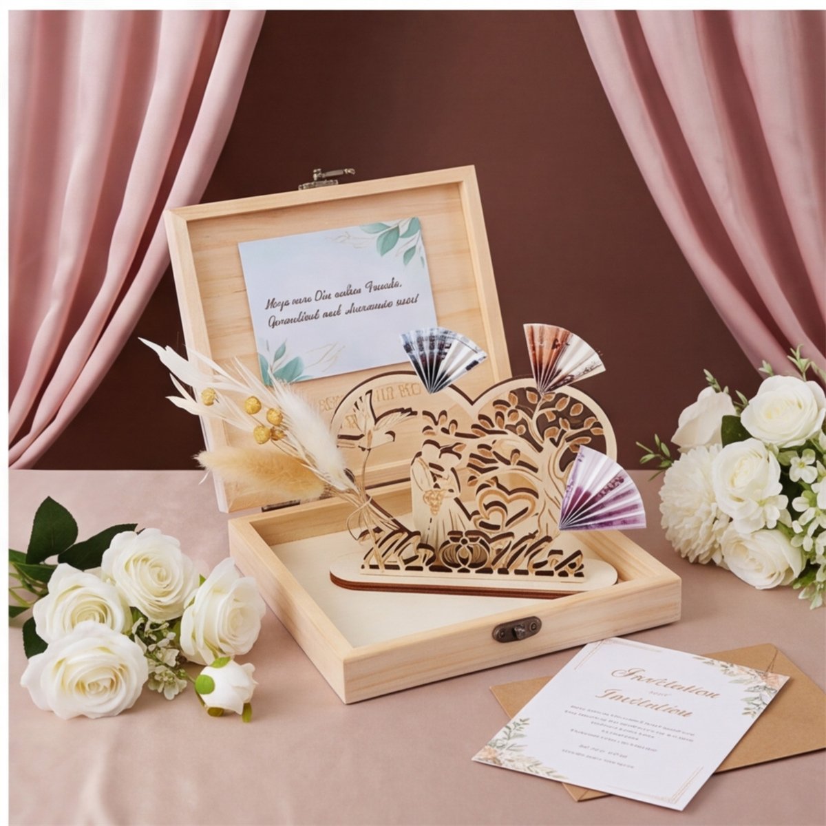 Wedding Money Gift Box with Wooden Figurine & Accents