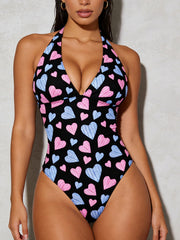 Trendy Black One Piece Swimsuit with Heart Print & Deep V Cut