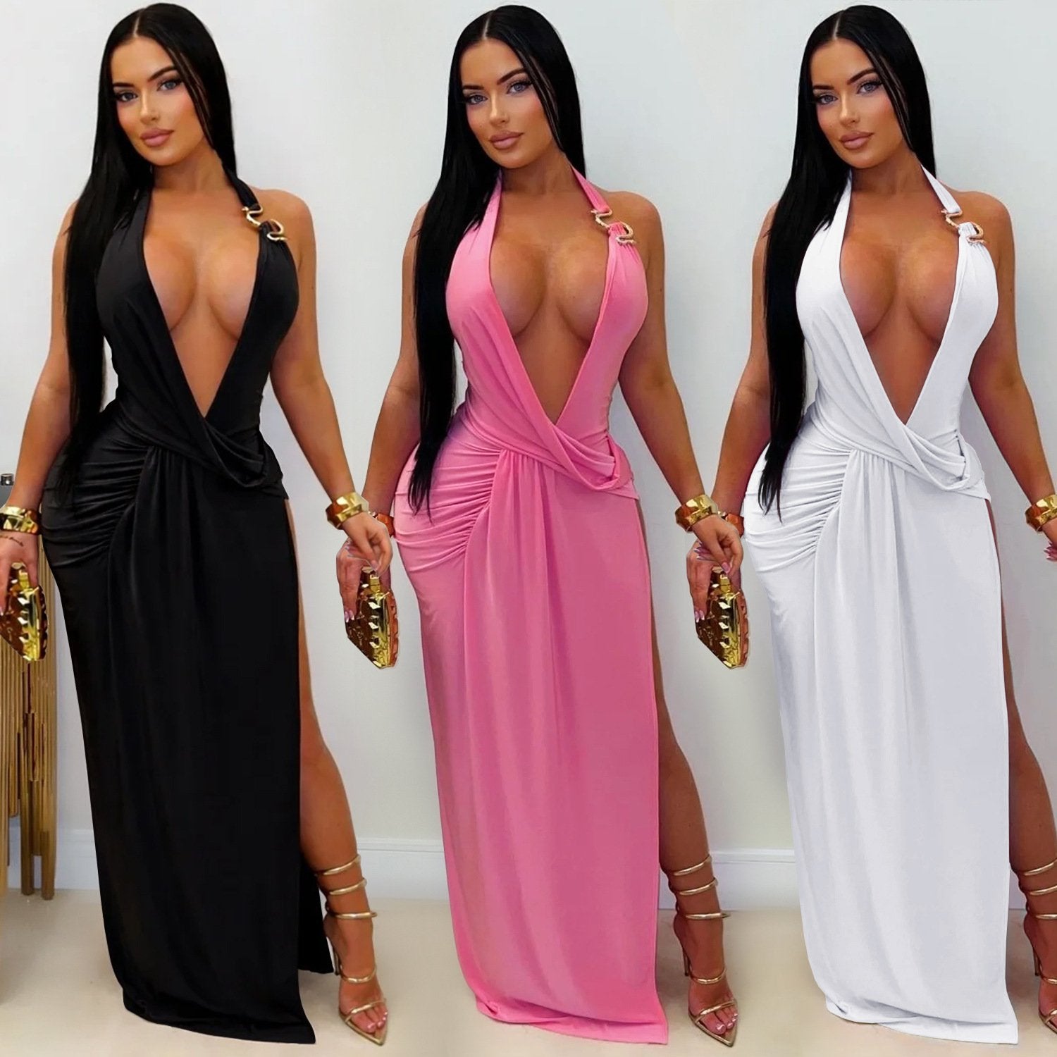 Sexy Deep V Halter Backless Bodycon Dress