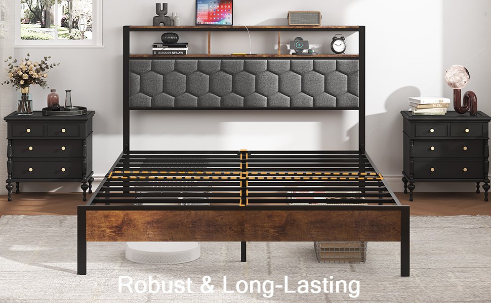 Brown Full Wood Bed Frame with Storage & USB Charging Station