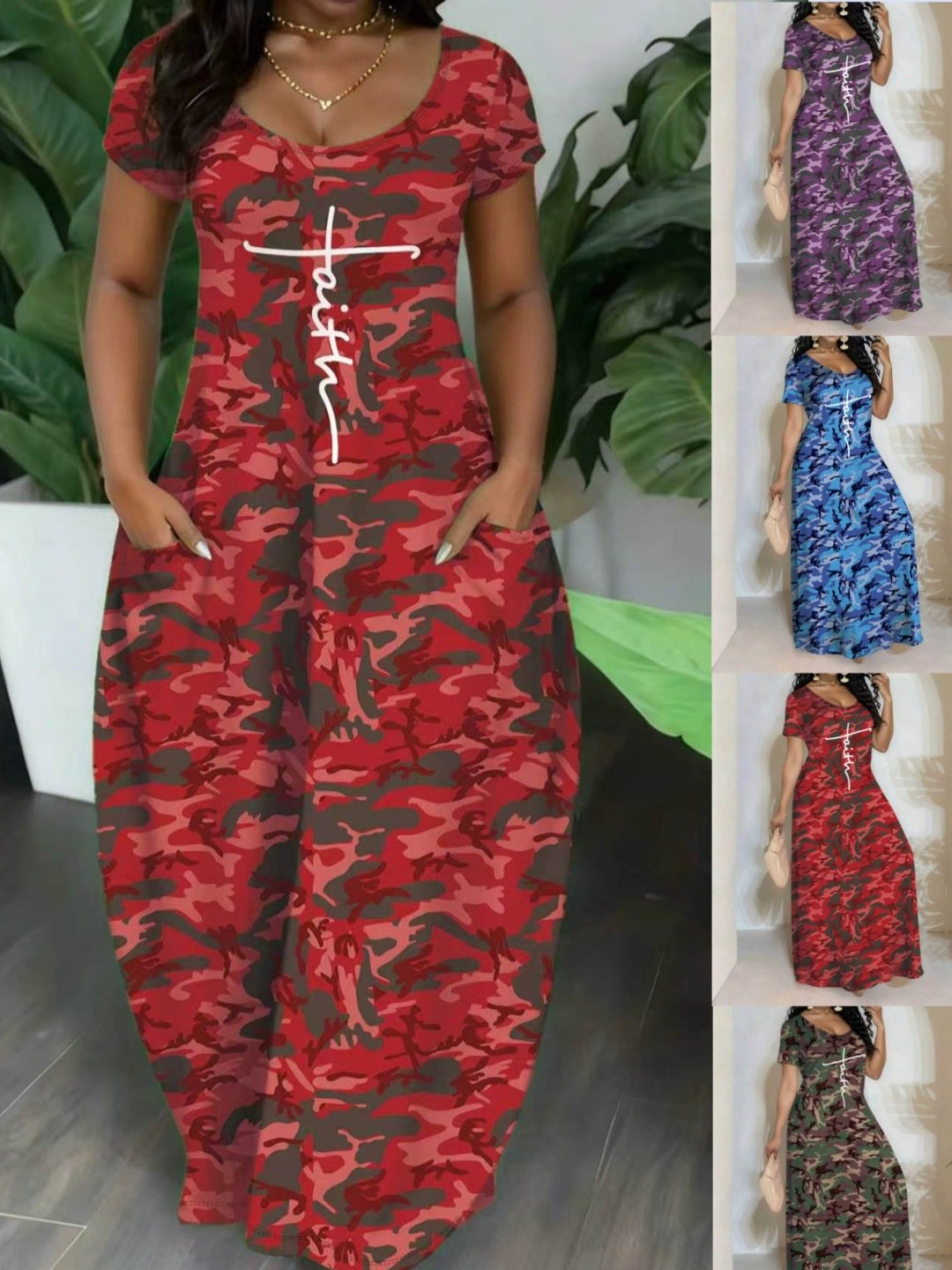 Summer Camo Maxi Dress, V-Neck Short Sleeve Casual Long Maxi Dress for Women