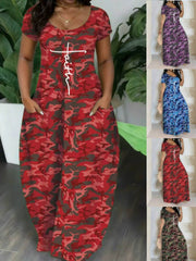Summer Camo Maxi Dress, V-Neck Short Sleeve Casual Long Maxi Dress for Women
