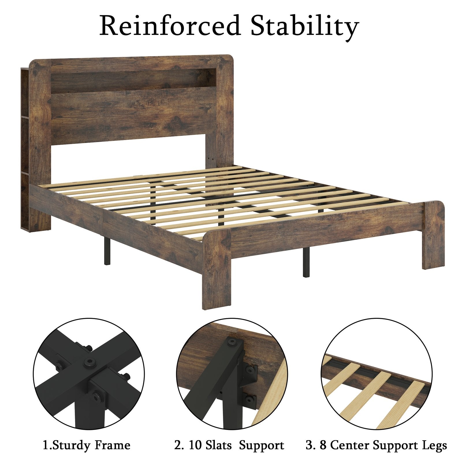 Dark Brown King Bed Frame with LED Headboard & Storage, 2 USB Ports