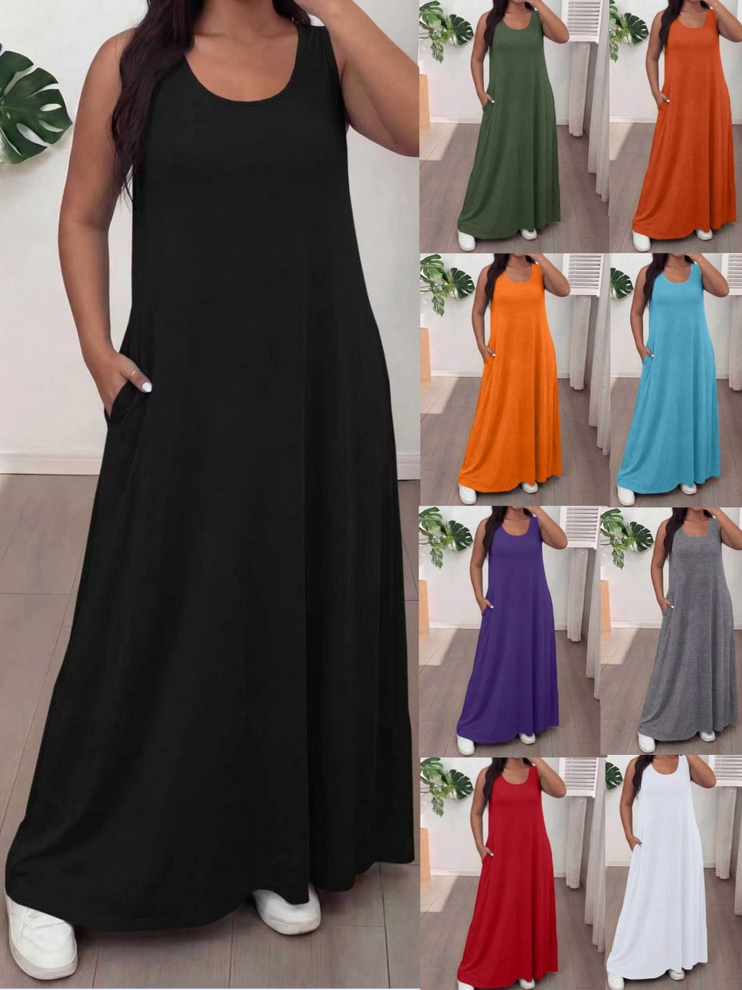 Summer Maxi Dress for Women, U Neck Loose Casual Long Dress with Pockets