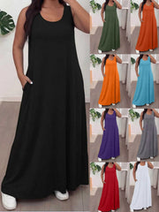 Summer Maxi Dress for Women, U Neck Loose Casual Long Dress with Pockets