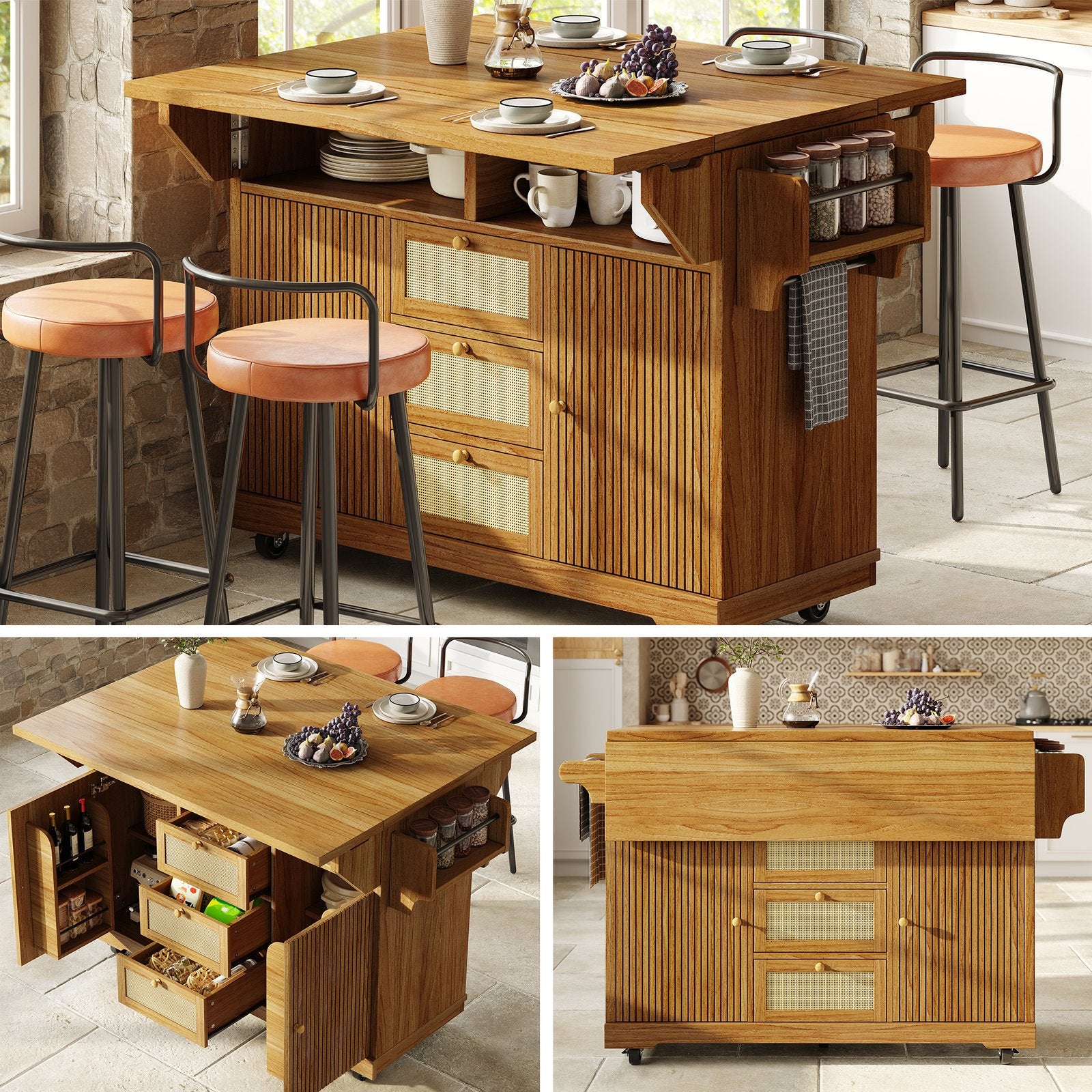 Portable Dark Brown Serving Cart with PE Rattan Drawers