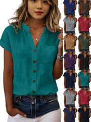 Elegant V-Neck Short-Sleeve Shirt with Pockets for Women
