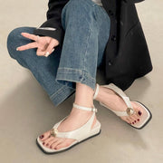 Retro Metal Buckle Thong Sandals for Women Summer Beach Shoes
