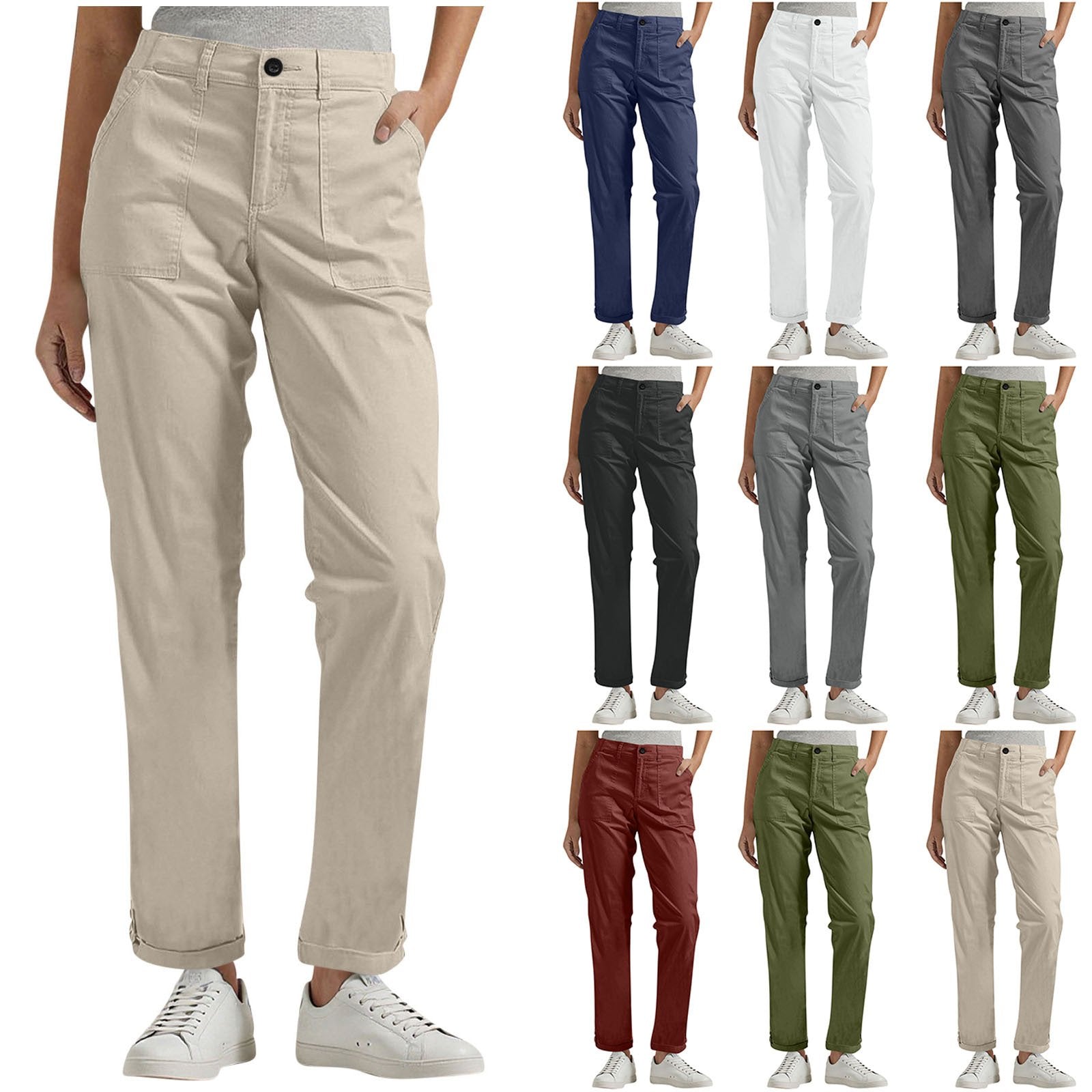 Casual Workwear Pants for Women - Multiple Pockets, Straight Leg