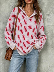 Women's Casual Hooded Knit Sweater Pink Leopard Pattern