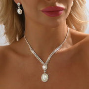 Elegant Diamond Pearl Earrings Necklace Set
