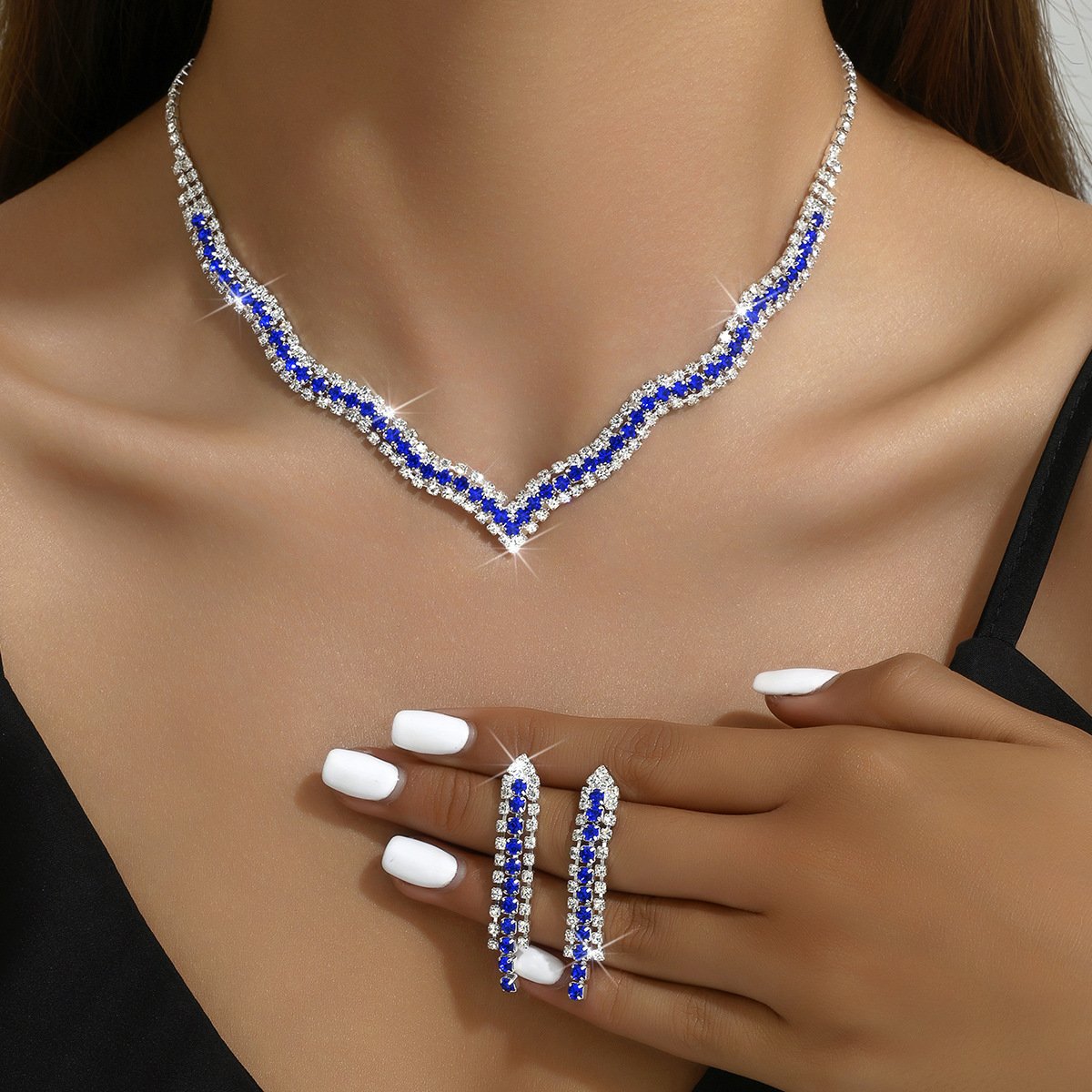 Geometric Crystal Earrings and Necklace Set - Bridal Party Jewelry