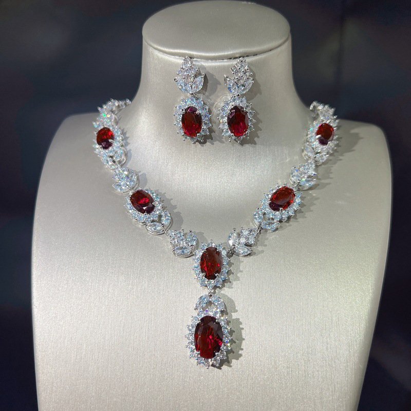 Luxury Bridal Ruby Necklace Earrings Set, Full Diamond Treasure