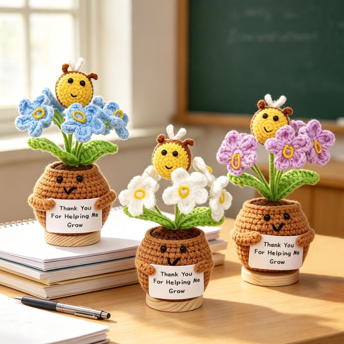 Handmade Crochet Flower Pot Ornaments with Bee Figurine