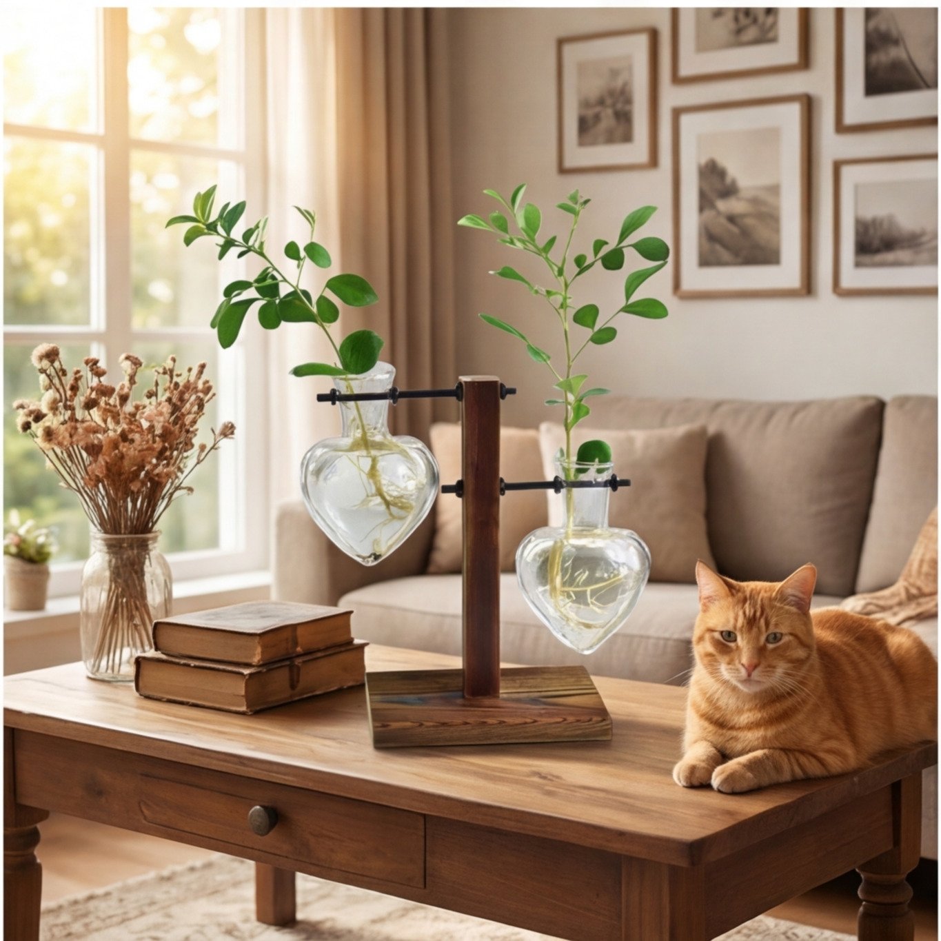 Heart-Shaped Glass Vase Set with Wooden Stand
