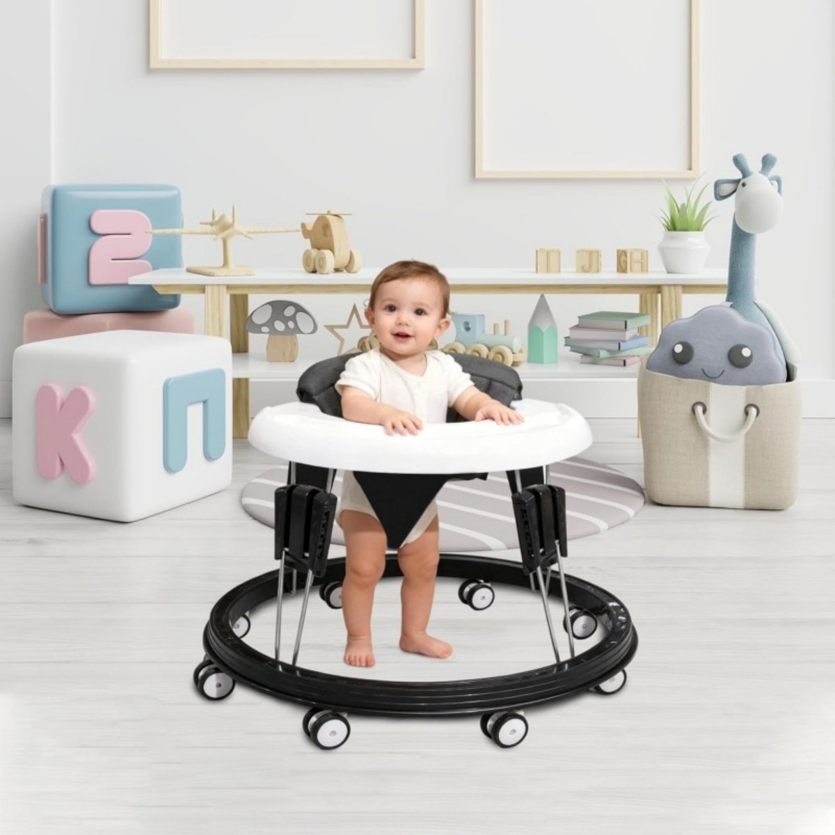 Folding Toddler Walker with 360° Wheels, 10-12 Months, Black