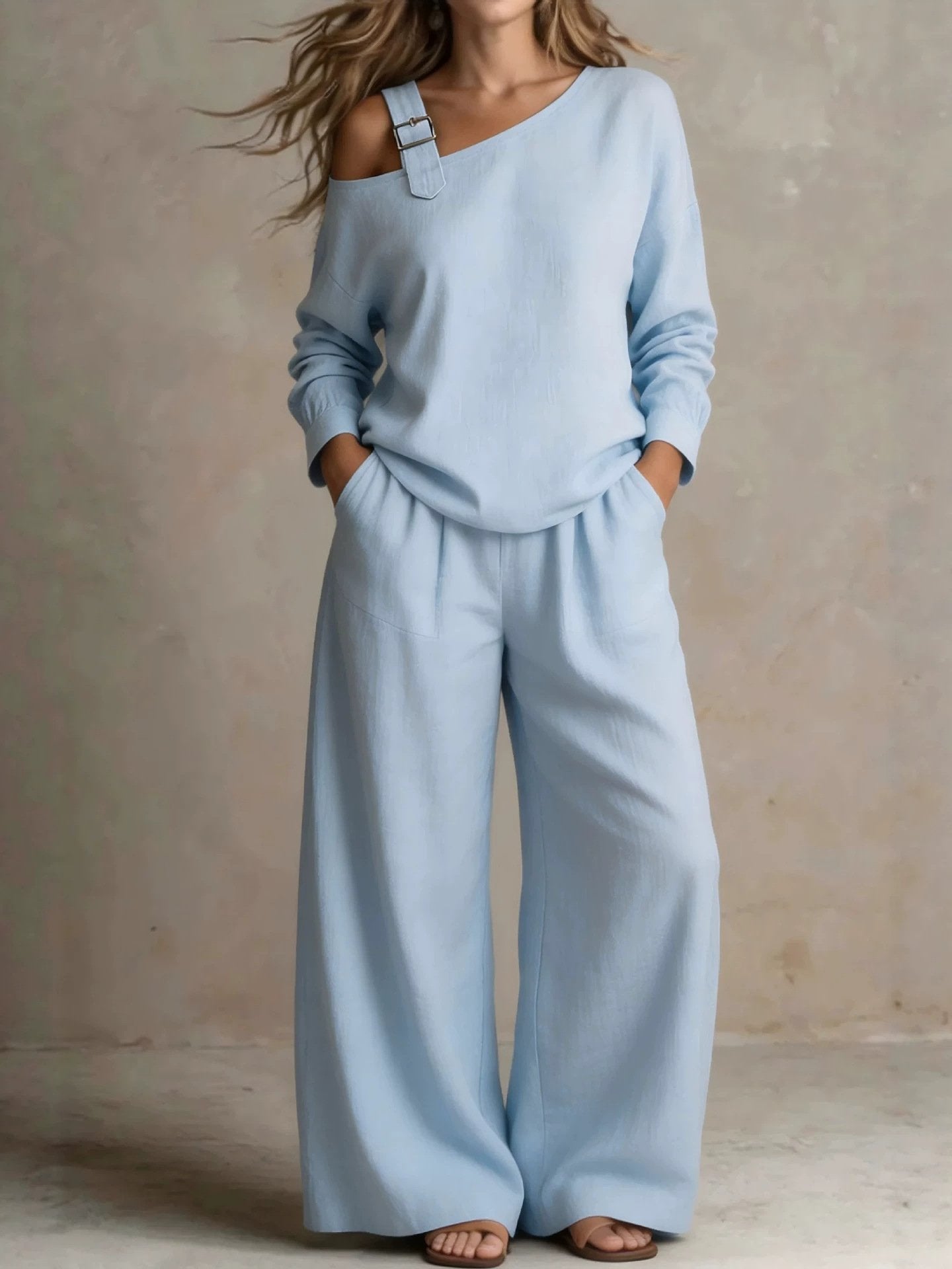 Casual Loose One-Shoulder Linen Blend Two-Piece Set