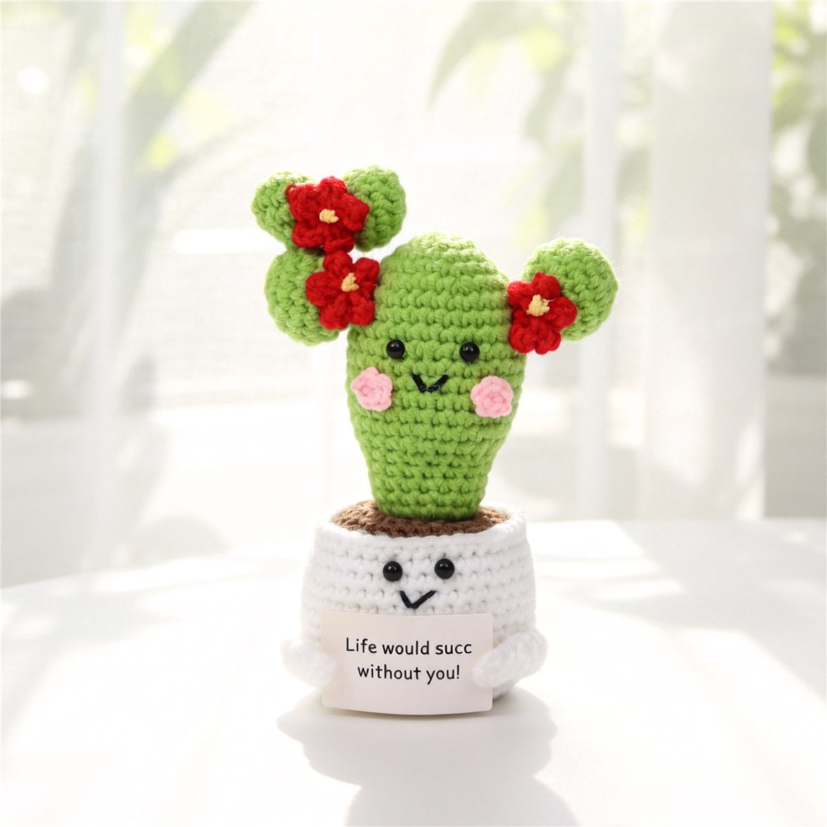 Handmade Crochet Cactus Pot Ornament, Red Blossoms, Soft Yarn, Indoor Decor