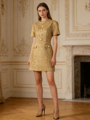Gold Tweed Mini Dress, Elegant Pearl Button Party Dress