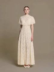 Romantic Floral Lace Maxi Dress with Cape Overlay